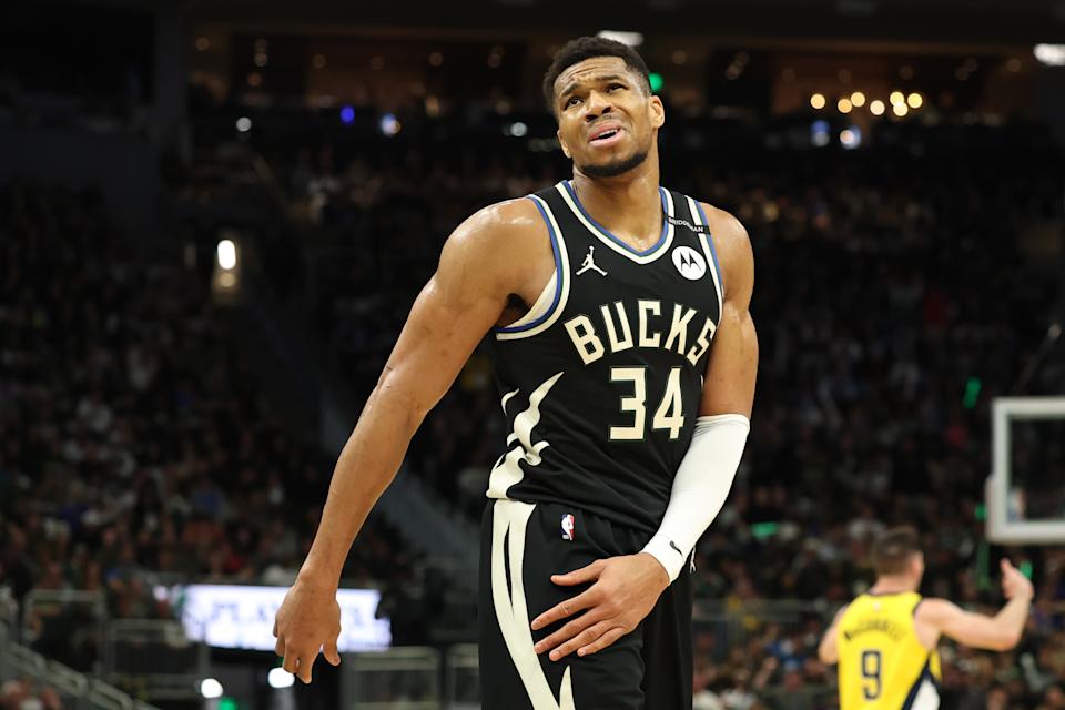 MILWAUKEE, WISCONSIN - APRIL 27: Giannis Antetokounmpo #34 of the Milwaukee Bucks reacts during the final seconds of the third quarter in Game Four of the Eastern Conference First Round NBA Playoffs against the Indiana Pacers at Fiserv Forum on April 27, 2025 in Milwaukee, Wisconsin. NOTE TO USER: User expressly acknowledges and agrees that, by downloading and or using this photograph, User is consenting to the terms and conditions of the Getty Images License Agreement. (Photo by Stacy Revere/Getty Images)