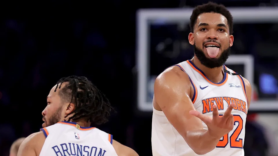 May 16, 2025; New York, New York, USA; New York Knicks center Karl-Anthony Towns (32) celebrates his three point shot against the Boston Celtics during the first quarter of game six in the second round of the 2025 NBA Playoffs at Madison Square Garden. Mandatory Credit: Brad Penner-Imagn Images