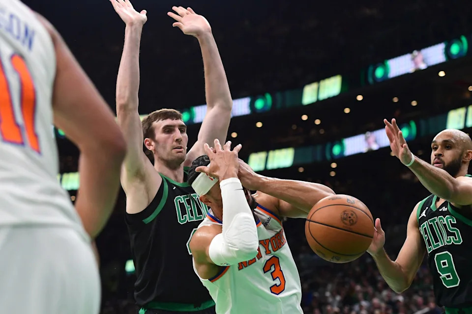 May 14, 2025; Boston, Massachusetts, USA; New York Knicks guard Josh Hart (3) gets an elbow in the eye from Boston Celtics center Luke Kornet (40) in the first half during game five of the second round for the 2025 NBA Playoffs at TD Garden. Mandatory Credit: Bob DeChiara-Imagn Images