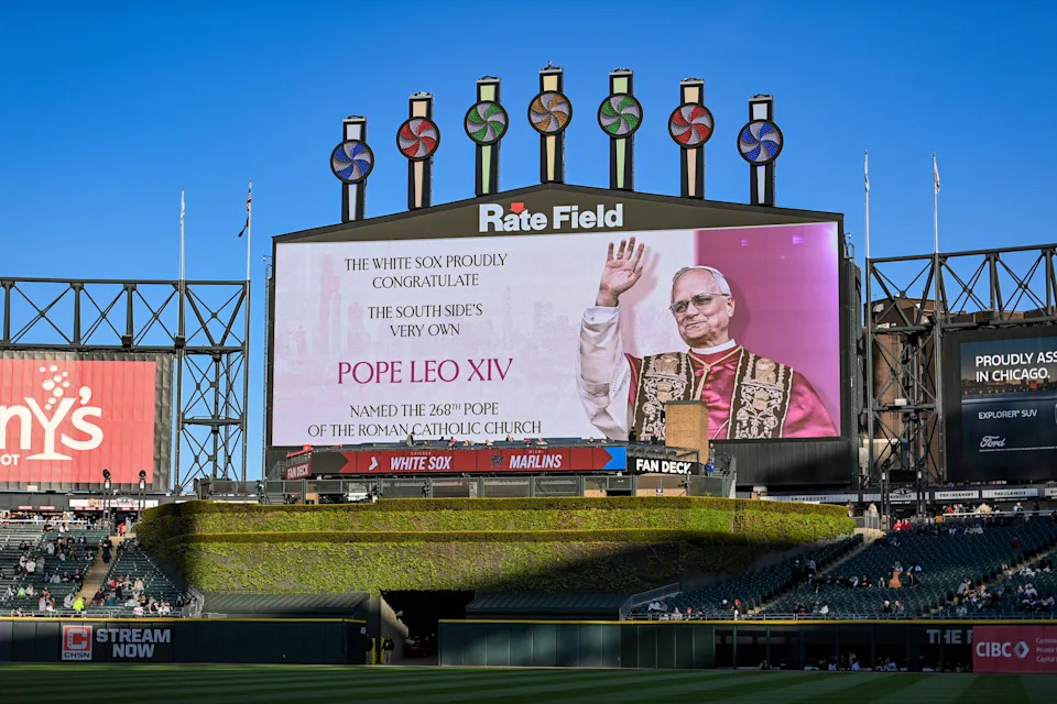 A congratulatory message for Pope Leo XIV displayed at Rate Field, home of the White Sox. (Abigail Dean/Getty Images)