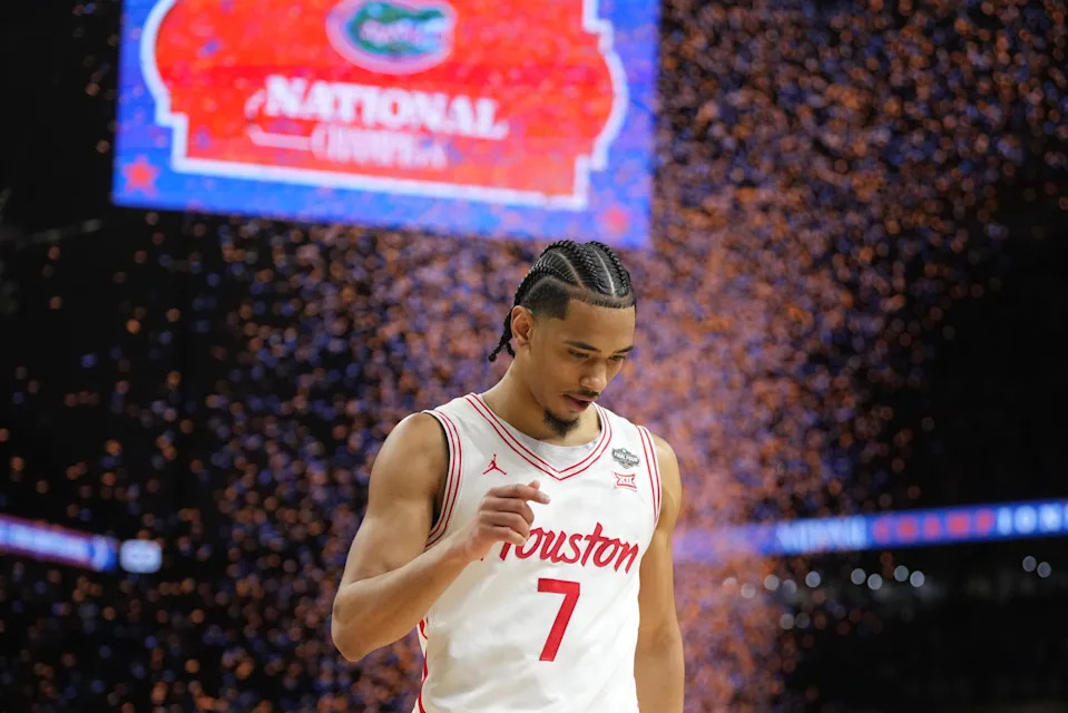 Apr 7, 2025; San Antonio, TX, USA; Houston Cougars guard Milos Uzan (7) walks off the court after losing to the Florida Gators in the national championship game of the Final Four of the 2025 NCAA Tournament at the Alamodome. Mandatory Credit: Robert Deutsch-Imagn Images