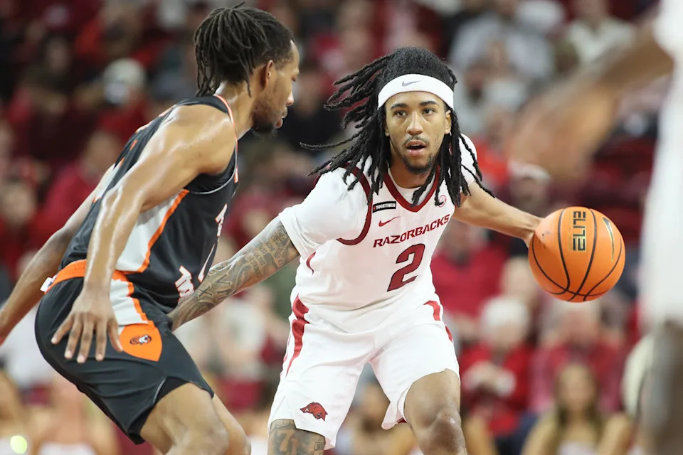 Nov 18, 2024; Fayetteville, Arkansas, USA; Arkansas Razorbacks guard Boogie Fland (2) drives during the second half against the Pacific Tigers at Bud Walton Arena. Arkansas won 91-72. Mandatory Credit: Nelson Chenault-Imagn Images