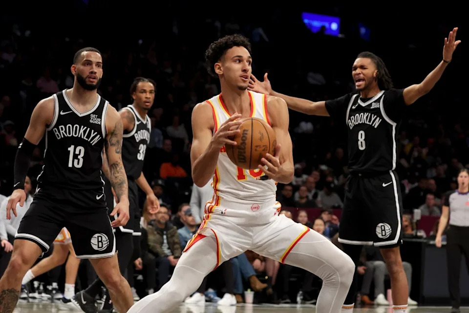 Atlanta Hawks forward Zaccharie Risacher controls the ball against Brooklyn Nets.Brad Penner-Imagn Images