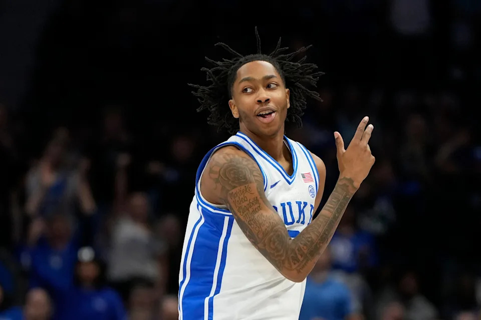 Mar 13, 2025; Charlotte, NC, USA; Duke Blue Devils guard Isaiah Evans (3) reacts after hitting a three point shot in the first half at Spectrum Center. Mandatory Credit: Bob Donnan-Imagn Images
