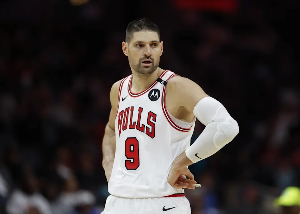Apr 6, 2025; Charlotte, North Carolina, USA; Chicago Bulls center Nikola Vucevic (9) stands on the court during the second half against the Charlotte Hornets at Spectrum Center. Mandatory Credit: Nell Redmond-Imagn ImagesMandatory Credit: Nell Redmond-Imagn Images