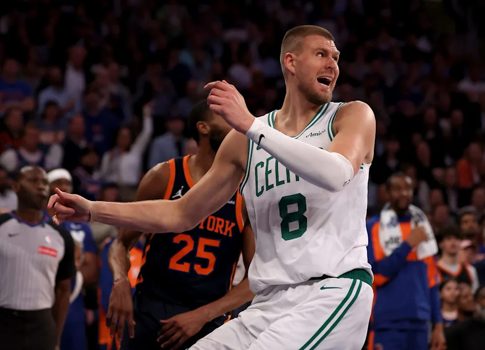 NEW YORK, NEW YORK - MAY 12: Kristaps Porzingis #8 of the Boston Celtics reacts after a missed shot in the fourth quarter against the New York Knicks in Game Four of the Eastern Conference Second Round NBA Playoffs at Madison Square Garden on May 12, 2025 in New York City. NOTE TO USER: User expressly acknowledges and agrees that, by downloading and or using this photograph, User is consenting to the terms and conditions of the Getty Images License Agreement. (Photo by Elsa/Getty Images). (Photo by Elsa/Getty Images)
