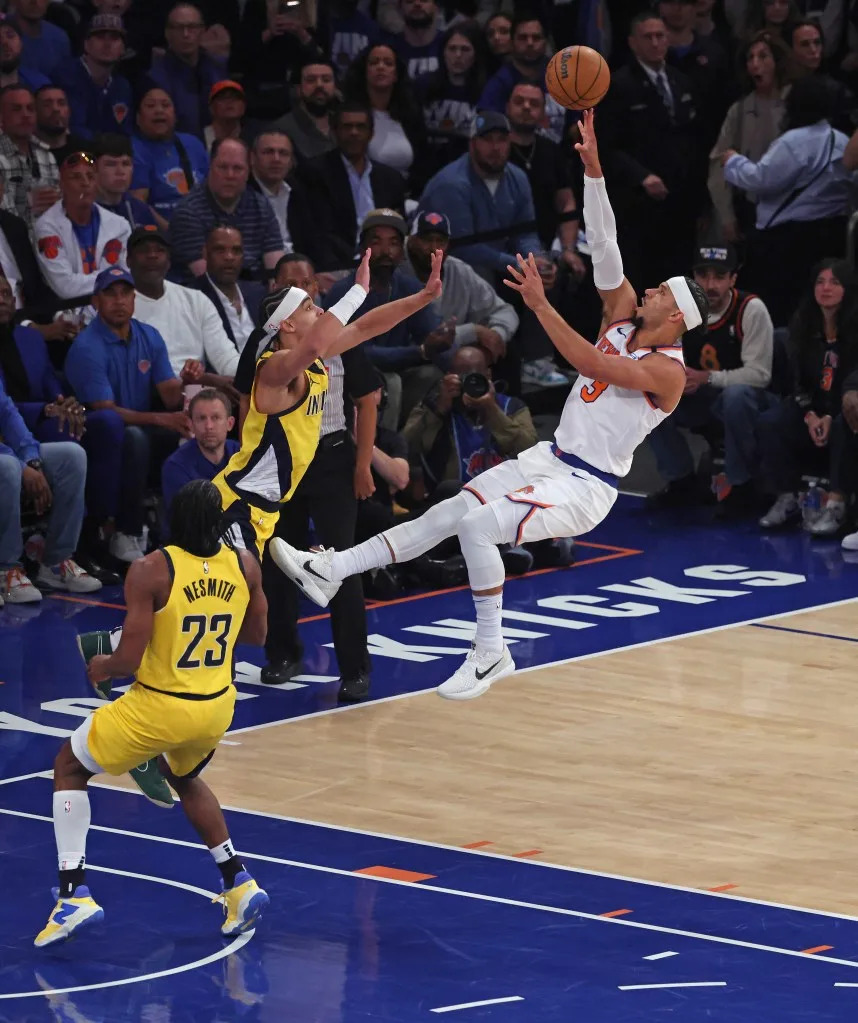 New York Knicks guard Josh Hart puts up a shot during the first quarter of <br>Game 2 on May 23. Charles Wenzelberg / New York Post