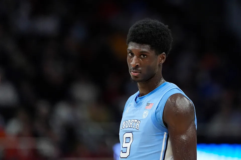 MILWAUKEE, WISCONSIN - MARCH 21: Drake Powell #9 of the North Carolina Tar Heels reacts against the Ole Miss Rebels during the first half in the first round of the NCAA Men's Basketball Tournament at Fiserv Forum on March 21, 2025 in Milwaukee, Wisconsin. (Photo by Patrick McDermott/Getty Images)