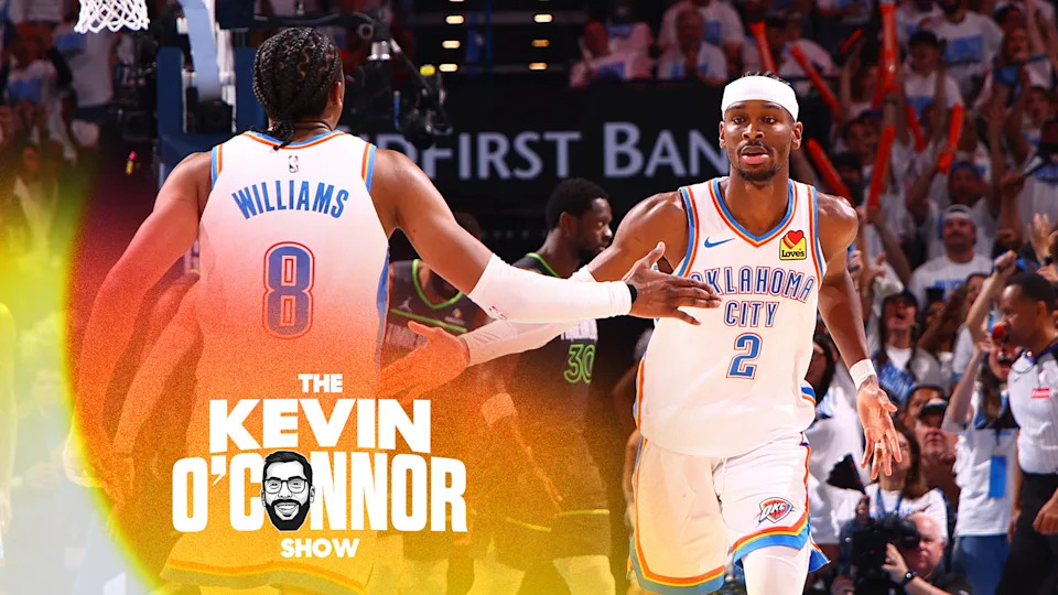Jalen Williams #8 and Shai Gilgeous-Alexander #2 of the Oklahoma City Thunder high five during the game against the Minnesota Timberwolves during Game 1 of the 2025 Western Conference Finals on May 20, 2025 at Paycom Center in Oklahoma City, Oklahoma. (Photo by Zach Beeker/NBAE via Getty Images)