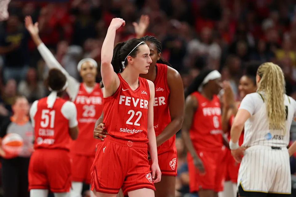 INDIANAPOLIS, INDIANA - MAY 17: Caitlin Clark #22 of the Indiana Fever reacts in the second half while playing the Chicago Sky in the Fever's home opener at Gainbridge Fieldhouse on May 17, 2025 in Indianapolis, Indiana. NOTE TO USER: User expressly acknowledges and agrees that, by downloading and or using this Photograph, user is consenting to the terms and conditions of the Getty Images License Agreement. (Photo by Gregory Shamus/Getty Images)