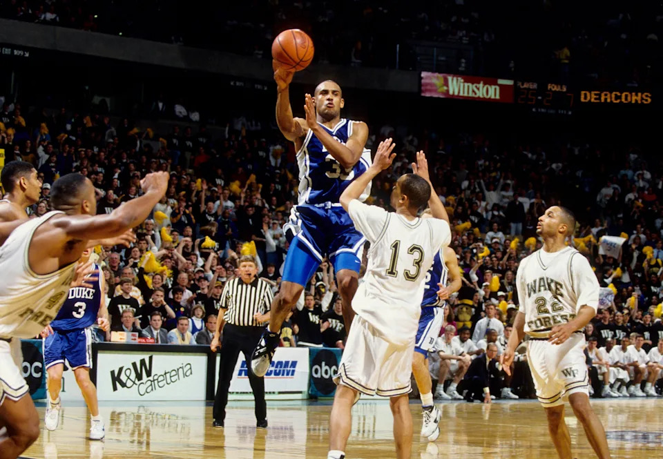 Duke's Grant Hill (33) in action against the Wake Forest Demon Deacons at LJVM Coliseum.