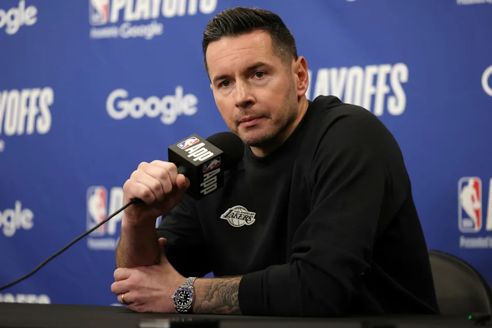 Los Angeles Lakers head coach JJ Redick speaks to media before a game two of first round for the 2024 NBA Playoffs against the Minnesota Timberwolves at Crypto.com Arena.© Kiyoshi Mio-Imagn Images