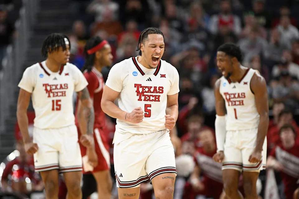 Mar 27, 2025; San Francisco, CA, USA; Texas Tech Red Raiders forward Darrion Williams (5) reacts during overtime against the Arkansas Razorbacks during a West Regional semifinal of the 2025 NCAA tournament at Chase Center. Mandatory Credit: Eakin Howard-Imagn Images