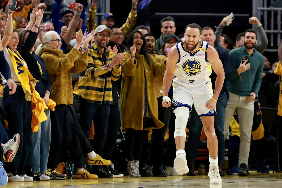 SAN FRANCISCO, CALIFORNIA - APRIL 15: Stephen Curry #30 of the Golden State Warriors reacts after making a basket against the Memphis Grizzlies in the second half of the NBA play-in tournament game at Chase Center on April 15, 2025 in San Francisco, California. NOTE TO USER: User expressly acknowledges and agrees that, by downloading and/or using this photograph, user is consenting to the terms and conditions of the Getty Images License Agreement. (Photo by Ezra Shaw/Getty Images)