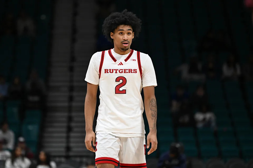 LAS VEGAS, NEVADA - NOVEMBER 30: Dylan Harper #2 of the Rutgers Scarlet Knights looks on against the Texas A&M Aggies in the second half of their game during the Players Era Festival basketball tournament at MGM Grand Garden Arena on November 30, 2024 in Las Vegas, Nevada. The Aggies defeated the Scarlet Knights 81-77. (Photo by Candice Ward/Getty Images)