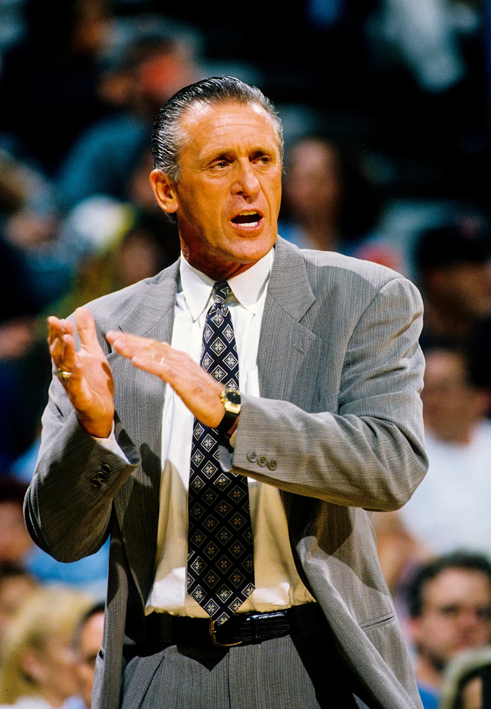 Feb 28, 1997; Miami, FL; USA; Miami Heat head coach Pat Riley reacts on the sidelines against the Seattle Seattle Supersonics at the Miami Arena.