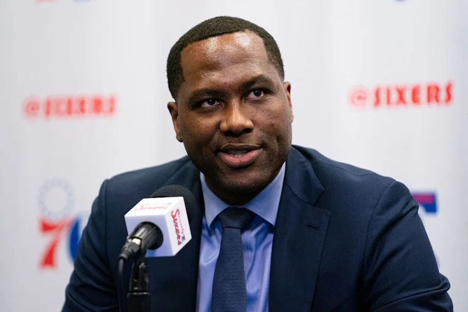 Philadelphia 76ers general manager Elton Brand speaks with the media before a game against the Memphis Grizzlies at Wells Fargo Center.Bill Streicher-Imagn Images