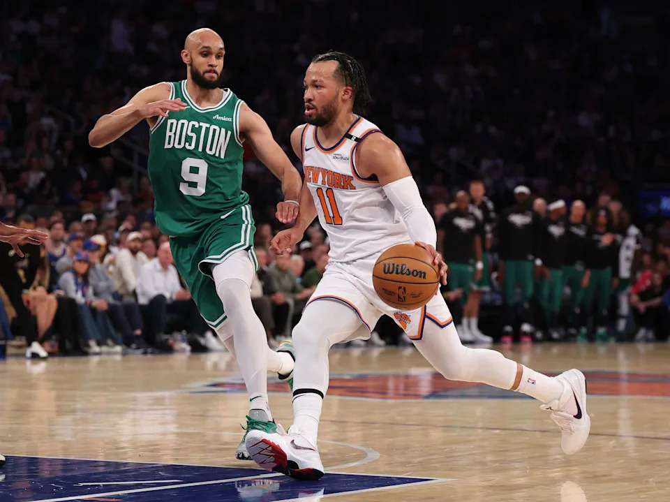 NEW YORK, NEW YORK - MAY 10: Jalen Brunson #11 of the New York Knicks in action against Derrick White #9 of the Boston Celtics during game Three of the Eastern Conference Second Round NBA Playoffs at Madison Square Garden on May 10, 2025 in New York City. User expressly acknowledges and agrees that, by downloading and or using this photograph, User is consenting to the terms and conditions of the Getty Images License Agreement. (Photo by Al Bello/Getty Images)