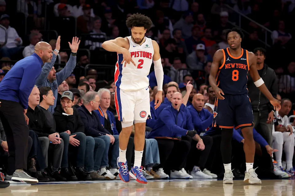 Apr 21, 2025; New York, New York, USA; Detroit Pistons guard Cade Cunningham (2) celebrates his three point shot against New York Knicks forward OG Anunoby (8) during the second quarter of game two of the first round of the 2024 NBA Playoffs at Madison Square Garden. © Brad Penner-Imagn Images