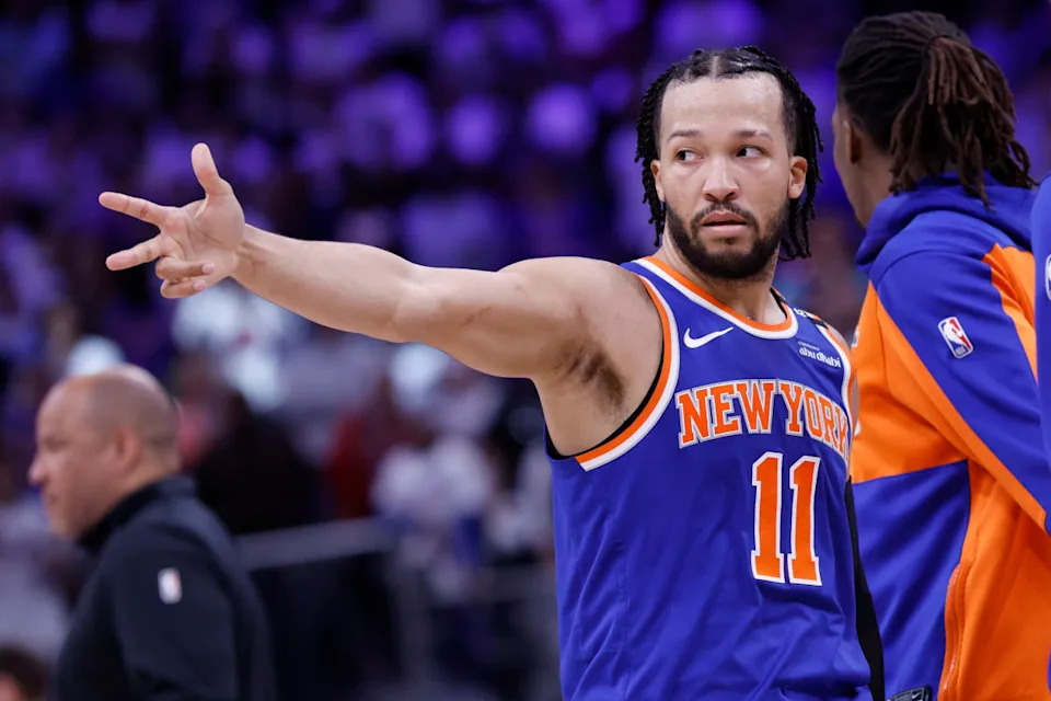 New York Knicks guard Jalen Brunson celebrates after a shot against the Detroit Pistons at Little Caesars Arena.Rick Osentoski-Imagn Images