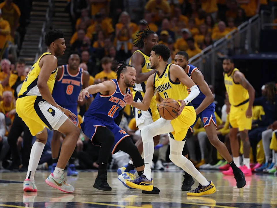 Indiana Pacers guard Tyrese Haliburton (0) drives to the hoop past New York Knicks guard Jalen Brunson (11) during the second quarter of Game 3 of the Eastern Conference Finals for the 2025 NBA Playoffs at Gainbridge Fieldhouse. IMAGN IMAGES via Reuters Connect