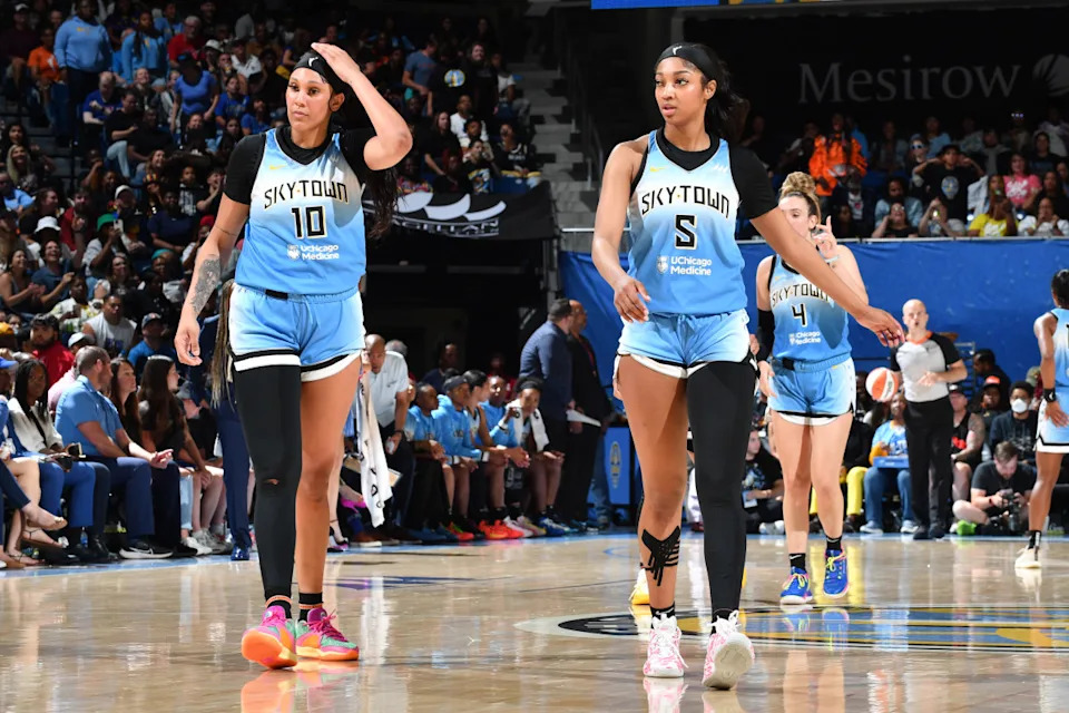 CHICAGO, IL - JUNE 27: Kamilla Cardoso #10 and Angel Reese #5 of the Chicago Sky look on during the game against the Las Vegas Aces on June 27, 2024 at the Wintrust Arena in Chicago, IL. (Photo by Randy Belice/NBAE via Getty Images)Randy Belice/Getty Images