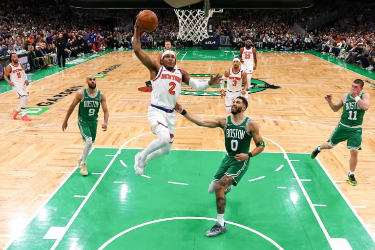 Miles McBride of the New York Knicks drives to the basket against Jayson Tatum in the Knicks' victory over the Boston Celtics in game two of their NBA playoff series (Maddie Meyer)