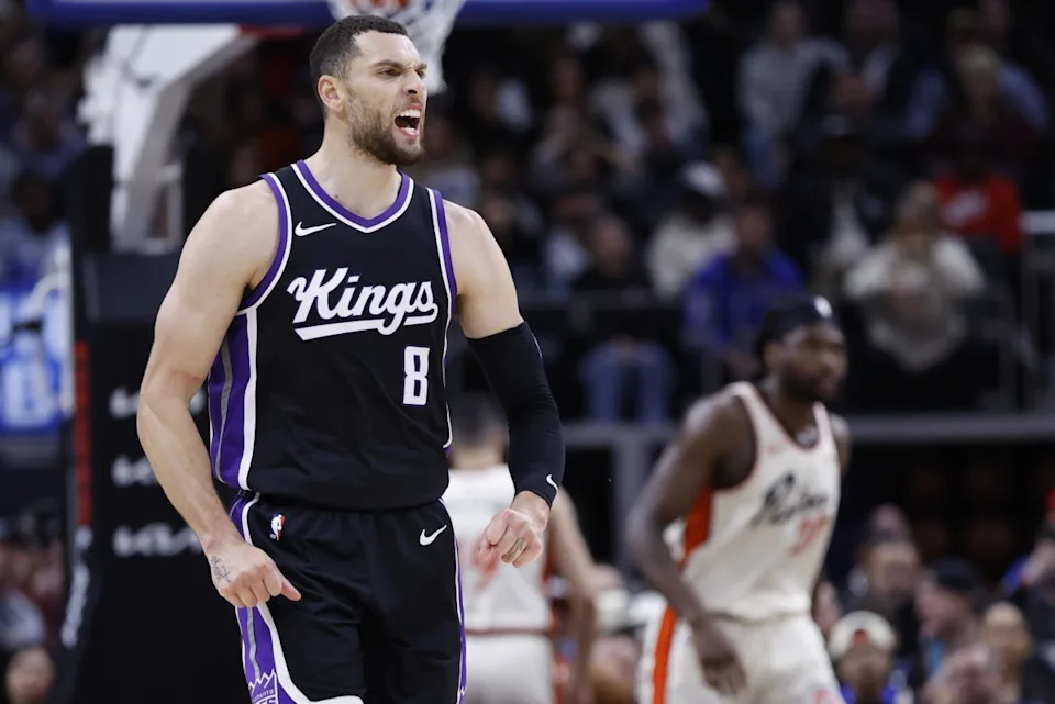 Sacramento Kings guard Zach LaVine celebrates during the second half against the Detroit Pistons.Rick Osentoski-Imagn Images