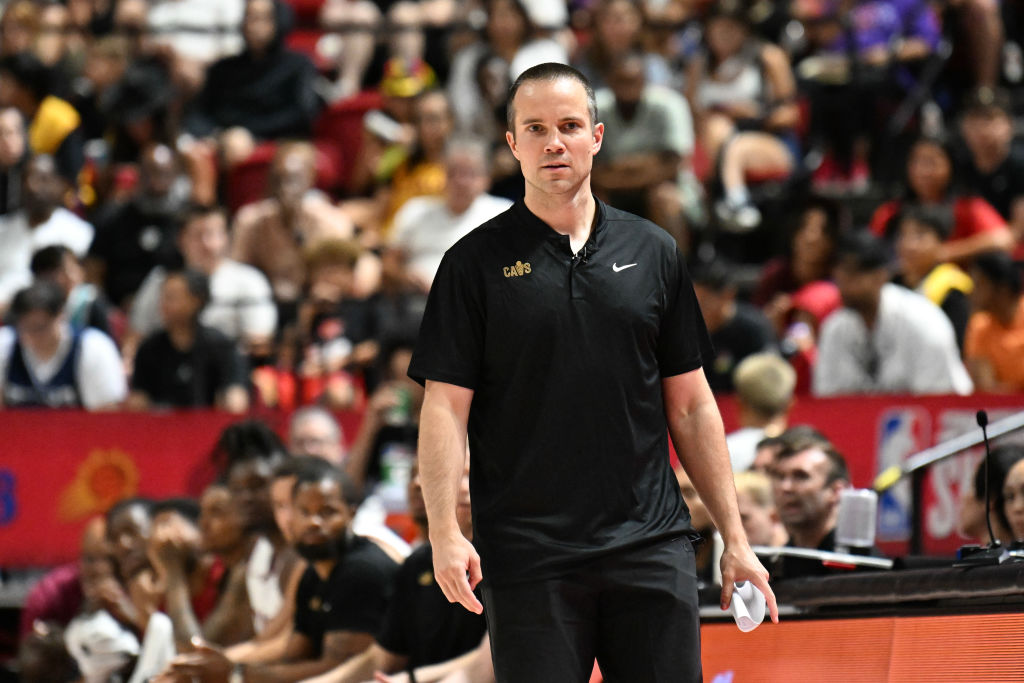 Summer League head coach Jordan Ott of the Cleveland Cavaliers looks on against the Los Angeles Lakers in the first half of a 2024 NBA Summer League game at the Thomas & Mack Center on July 18, 2024 in Las Vegas, Nevada. The Lakers defeated the Cavaliers 93-89.