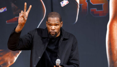 Kevin Durant of the Phoenix Suns acknowledges the crowd during a press conference at Footprint Cent...