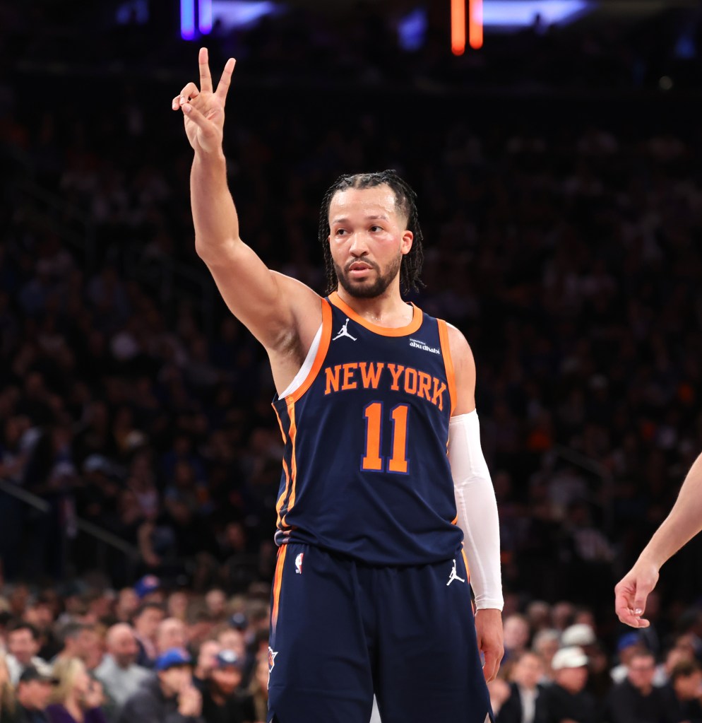 New York Knicks guard, Jalen Brunson #11, holding up 2 fingers during the 4th quarter of NBA Playoffs Game 2 against Detroit Pistons at Madison Square Garden.