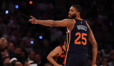 Mikal Bridges #25 of the New York Knicks celebrates his shot against the Boston Celtics in Game Fou...