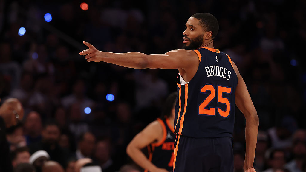 Mikal Bridges #25 of the New York Knicks celebrates his shot against the Boston Celtics in Game Fou...