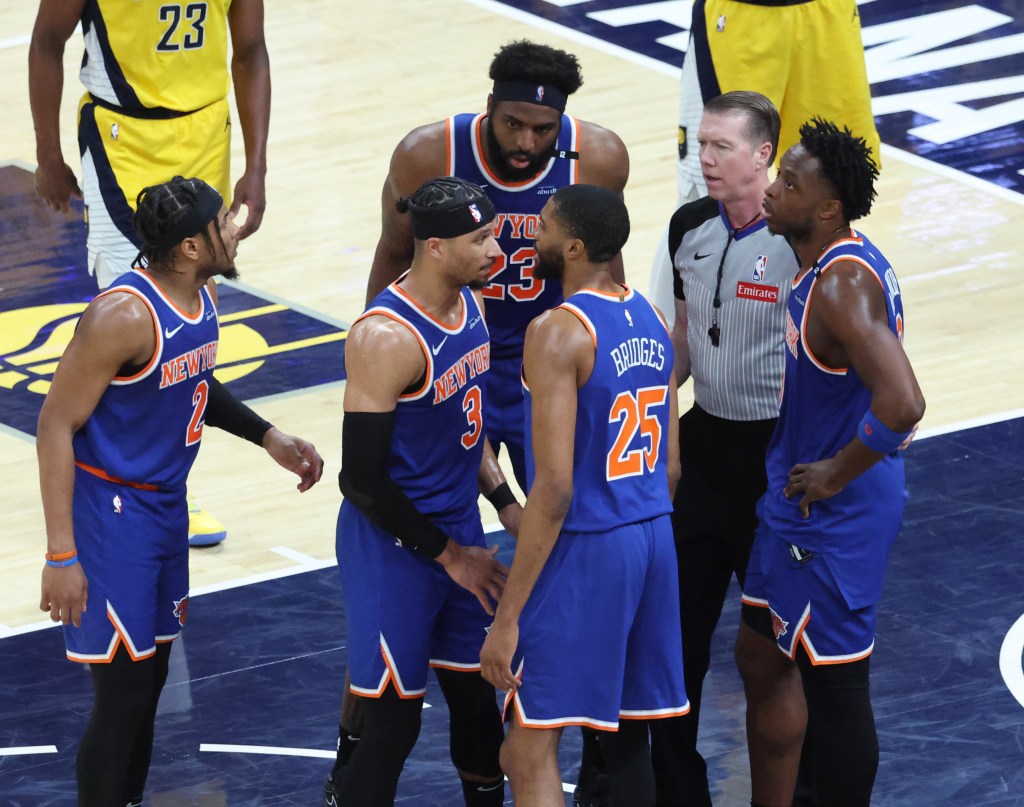 Knicks players huddle during Game 3 against the Pacers on May 25, 2025.