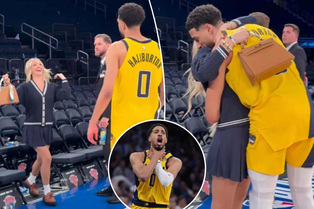 Pacers' Tyrese Haliburton celebrates with girlfriend Jade Jones after Game 1 win