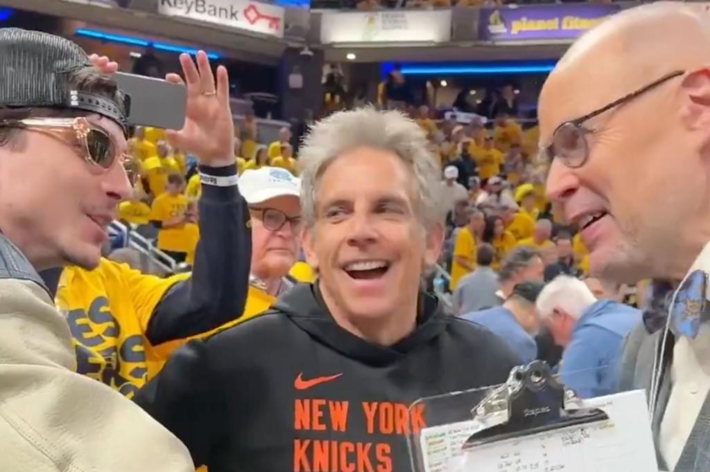 Timothee Chalamet meets TNT's Ernie Johnson at Knicks-Pacers Game 4