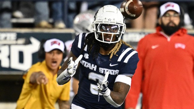 Rahsul Faison catches a pass at Utah State.