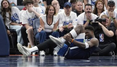Timberwolves' Edwards leaves Game 2 with sprained left ankle before returning for 2nd half