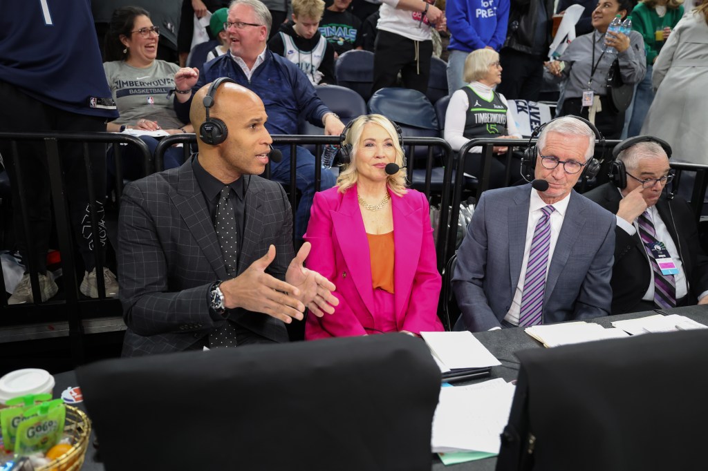 Richard Jefferson,Doris Burke and Mike Breen before the Los Angeles Lakers v Minnesota Timberwolves game during Round 1 Game 4 of the 2025 NBA Playoffs on April 27, 2025