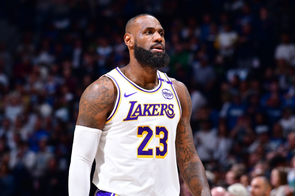 LeBron James #23 of the Los Angeles Lakers in action during Round 1 Game 4 of the 2025 NBA Playoffs against the Minnesota Timberwolves