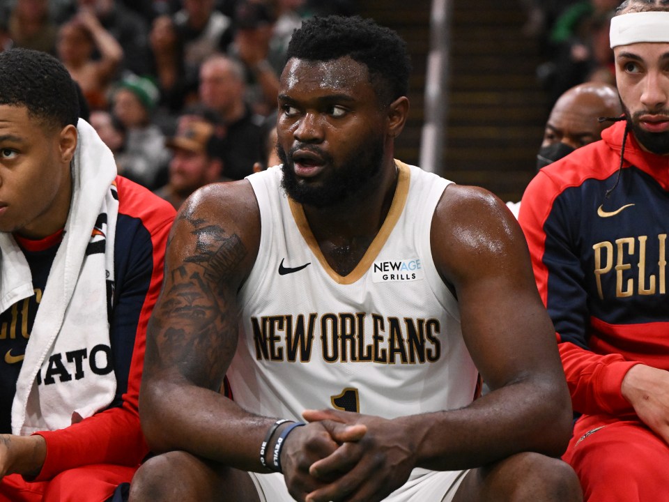 Zion Williamson #1 of the New Orleans Pelicans sits on the bench.