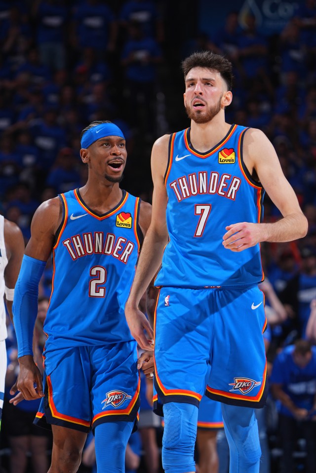 Shai Gilgeous-Alexander (#2) and Chet Holmgren (#7) of the Oklahoma City Thunder.