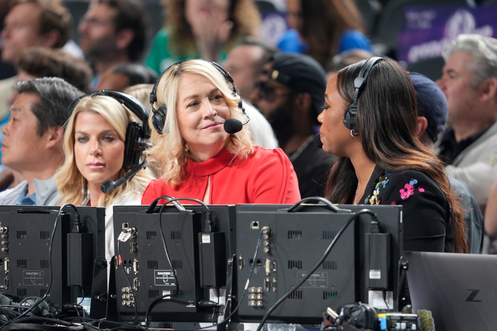 Doris Burke and Angel Gray look on during the game between he Memphis Grizzlies and the Dallas Mavericks on March 7, 2025 at American Airlines Center in Dallas, Texas.