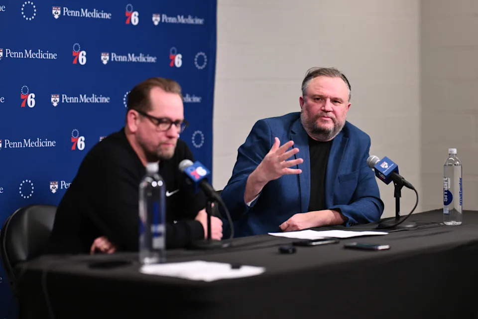 Philadelphia 76ers president of basketball operations Daryl Morey addresses the media with head coach Nick Nurse after the game against the Chicago Bulls at Wells Fargo Center.Kyle Ross-Imagn Images