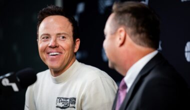 Austin Ainge, right, president of basketball operations for the Utah Jazz and Utah Jazz Governor Ry...