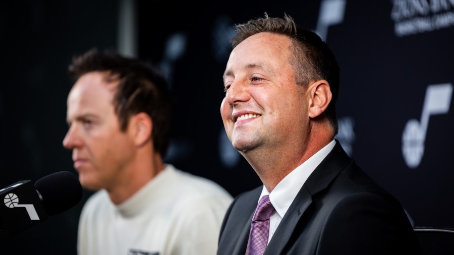 Austin Ainge, president of basketball operations for the Utah Jazz, speaks during an introductory m...