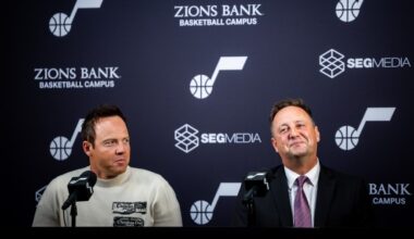 Austin Ainge, president of basketball operations for the Utah Jazz, speaks during an introductory m...