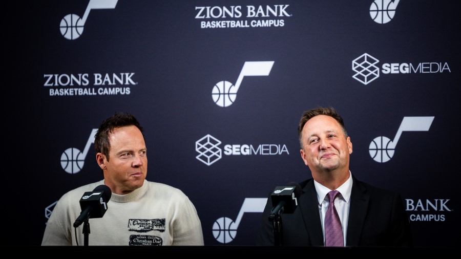 Austin Ainge, president of basketball operations for the Utah Jazz, speaks during an introductory m...