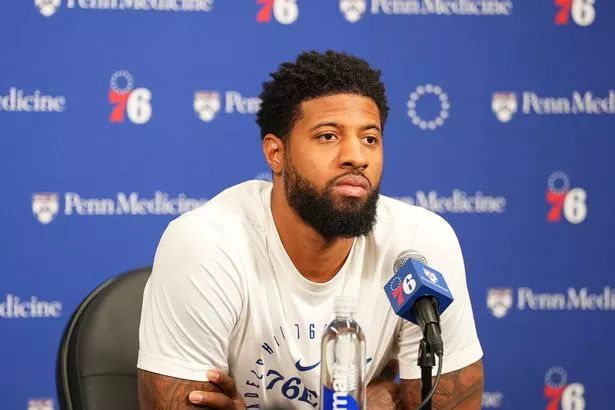 Paul George #8 of the Philadelphia 76ers talks to media prior to the game against the Chicago Bulls at the Wells Fargo Center on April 13, 2025 in Philadelphia, Pennsylvania