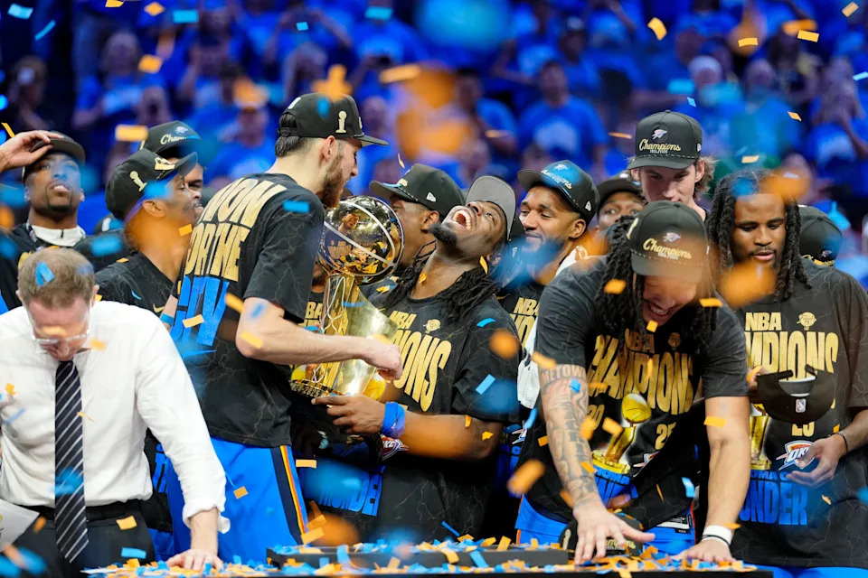 Jun 22, 2025; Oklahoma City, Oklahoma, USA; Oklahoma City Thunder guard Luguentz Dort (5) celebrates after winning game seven of the 2025 NBA Finals against the Indiana Pacers at Paycom Center. Mandatory Credit: Kyle Terada-Imagn Images